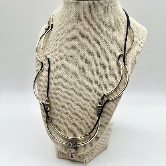 Lizzy James Tree of Life Charm Necklace Double Leather & Silver Tone Beads Boho - Picture 1 of 9